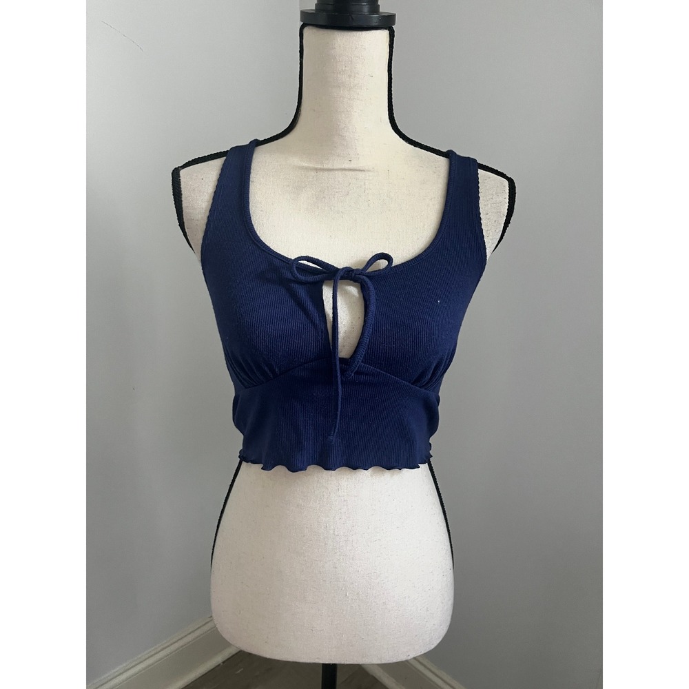 Y2K Ribbed Knit Crop Top Small Lettuce Hem Navy Blue Soft Girl Indie Festival